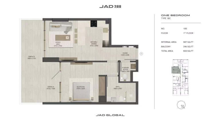 JAD 288 floor plan 1 BR · 822 sqft