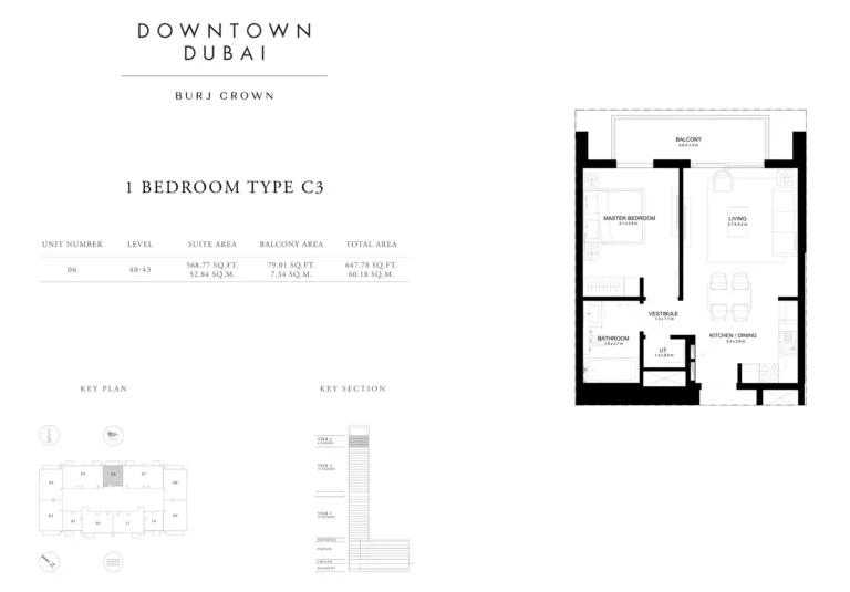 Burj Crown floor plan 1 BR · 647 sqft