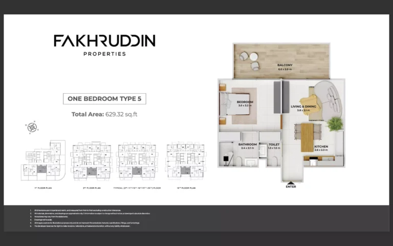 Treppan Tower floor plan 1 BR · 629 sqft