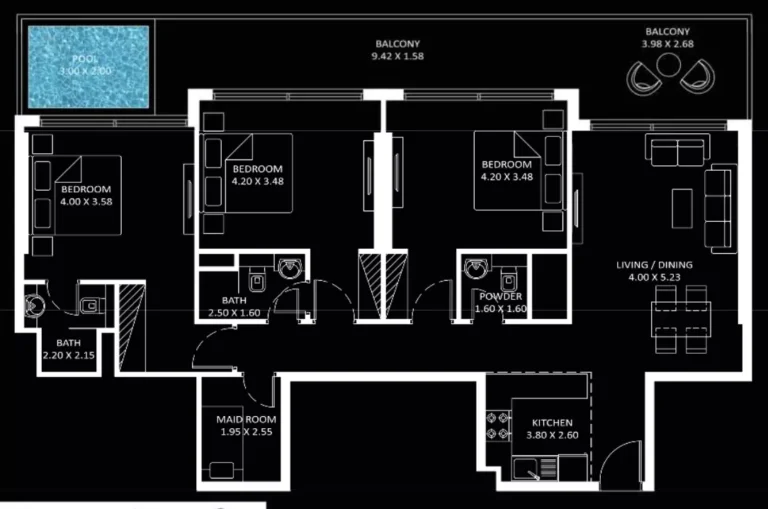 Diamondz by Danube floor plan 3-спальн. · 1519 sqft