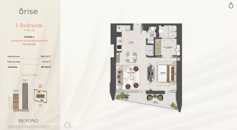 Orise by Beyond floor plan 1-спальн. · 827 sqft