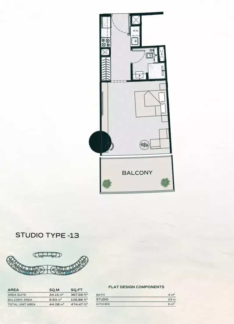 Binghatti Aquarise floor plan Studio · 474 sqft