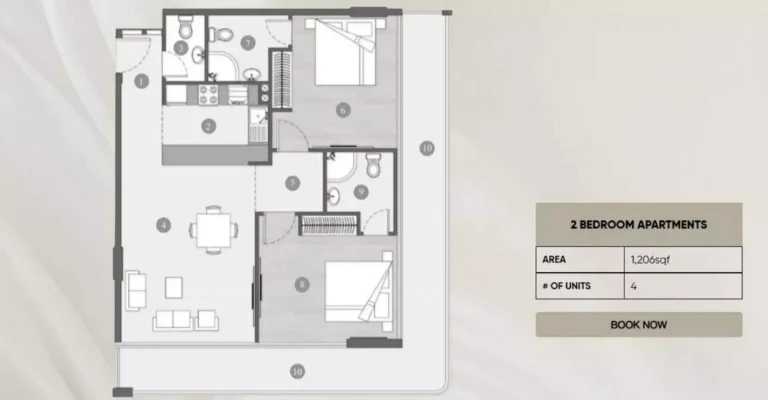 Elevia Residences floor plan 2-спальн. · 1206 sqft
