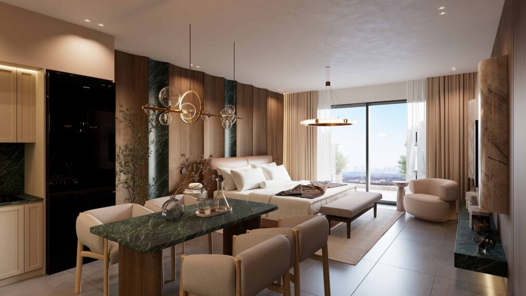 Interior render of bedroom with dining table and large window