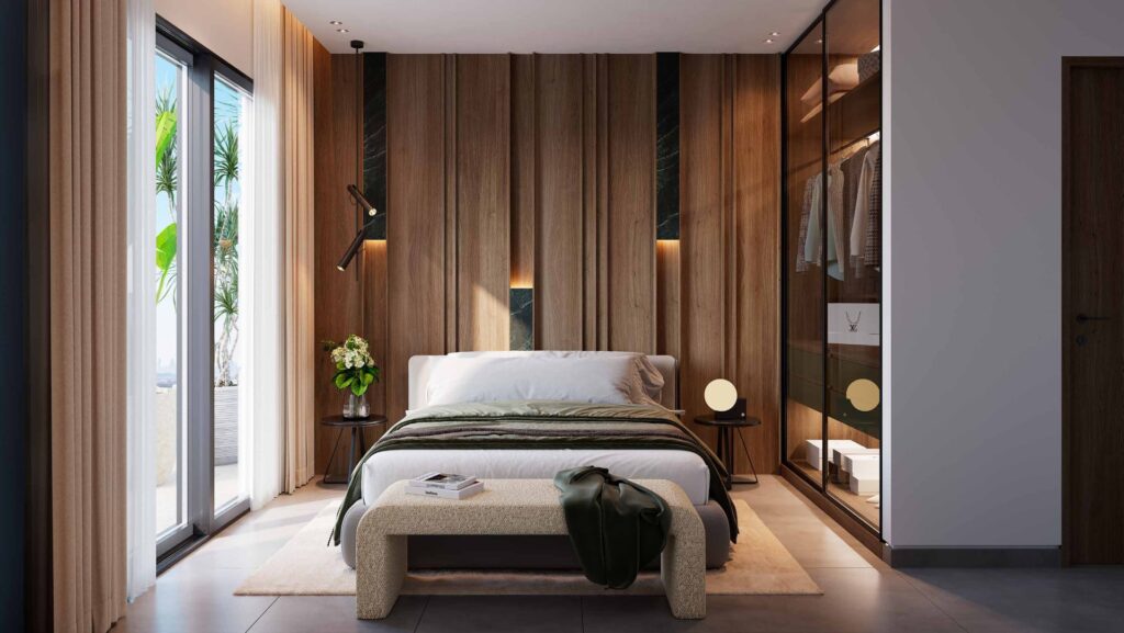 Bedroom interior with bed, wooden panel wall, and glass wardrobe