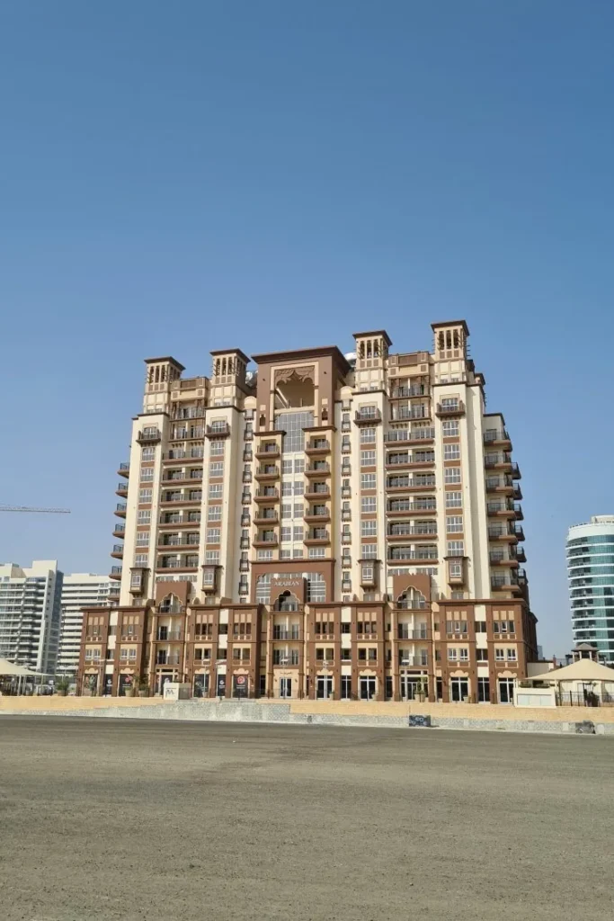 Arabian building facade, Canal Residence West 2, Dubai Sports City, Dubai