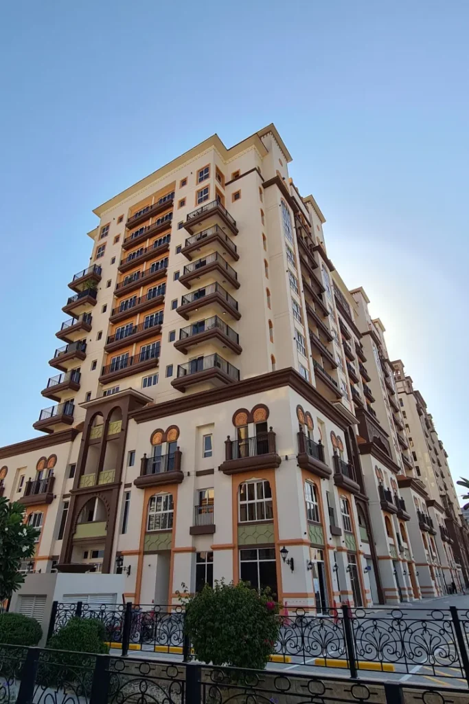 Spanish building facade, Canal Residence West 2, Dubai Sports City, Dubai