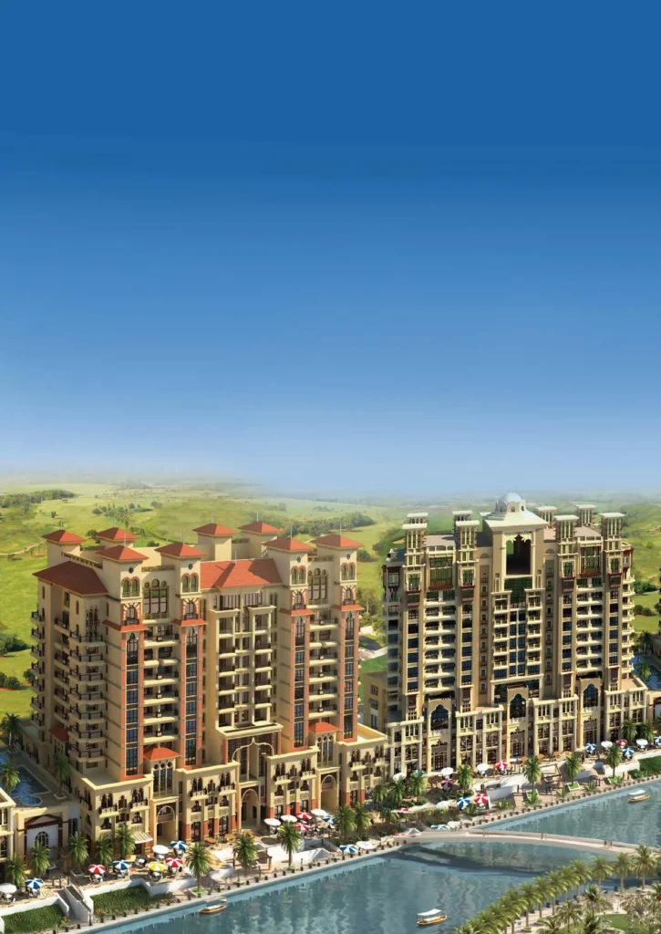 architectural rendering of Canal Residence West towers by the canal, Dubai Sports City, Dubai