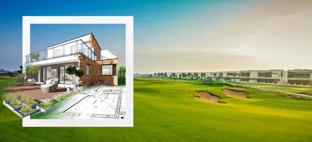 Exterior view of villa with garden and golf course background