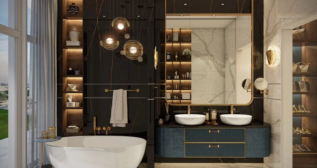 Bathroom interior with bathtub, sink, and walk-in closet