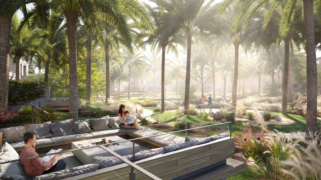 Outdoor seating area with palm trees and garden path