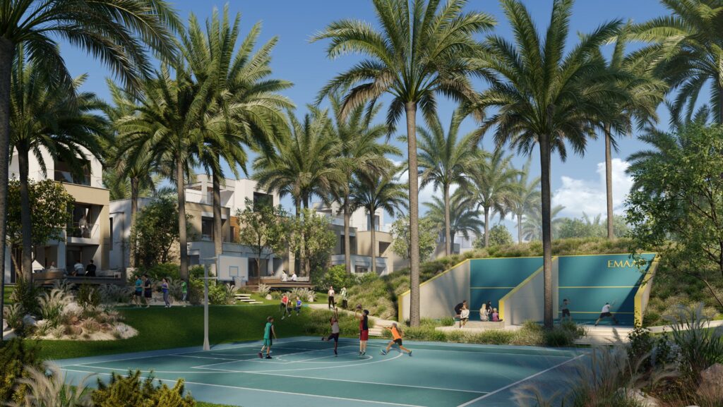 Outdoor basketball court with palm trees and residential buildings