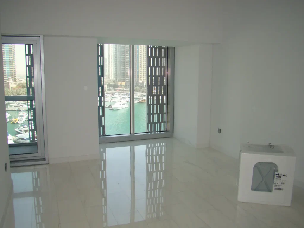 apartment living room with marina view, Cayan Tower, Dubai Marina, Dubai