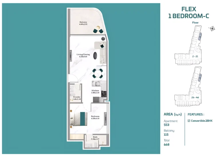 Breez by Danube floor plan 1-спальн. · 668 sqft