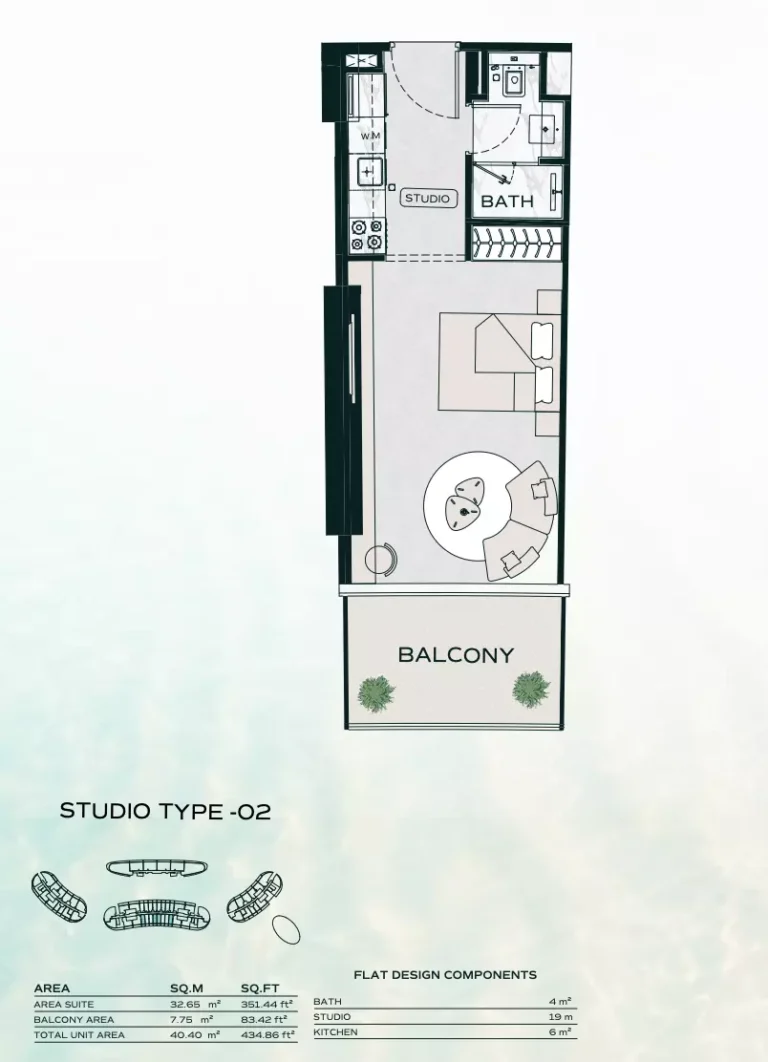 Binghatti Aquarise floor plan Studio · 434 sqft