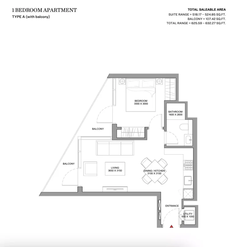 Skyvue Stellar floor plan 1-спальн. · 625 sqft