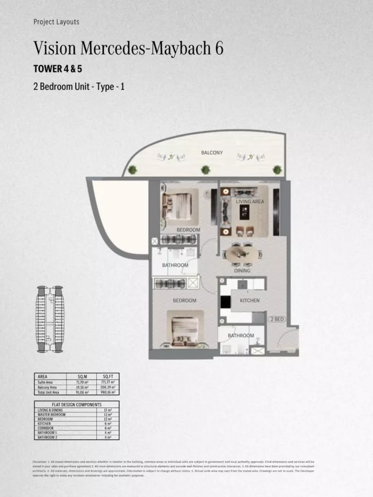 Maybach 6 floor plan 2-спальн. · 980 sqft