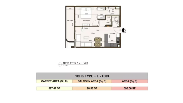 Casa Aura Residence floor plan 1-спальн. · 696 sqft
