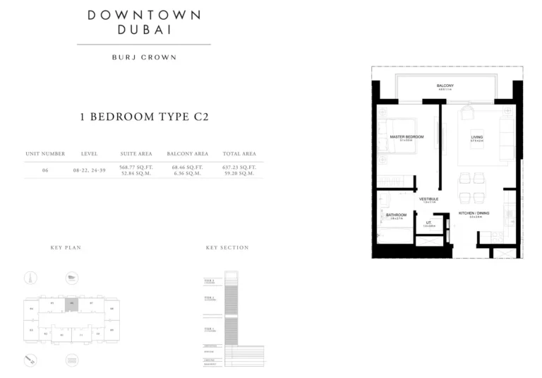 Burj Crown floor plan 1 BR · 637 sqft