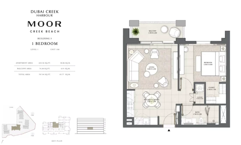 Moor at Creek Beach floor plan 1-спальн. · 707 sqft