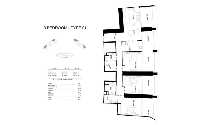 Binghatti Skyrise floor plan 3 BR · 1991 sqft