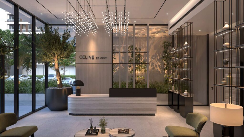 Interior lobby and elevator hallway views with modern design