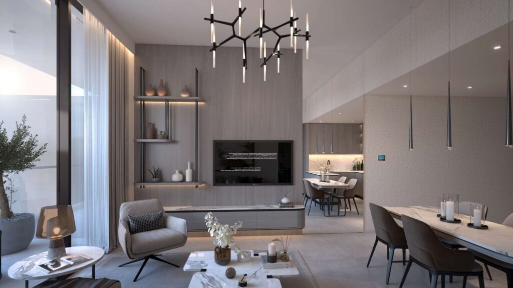 Interior render of a modern living room and kitchen area