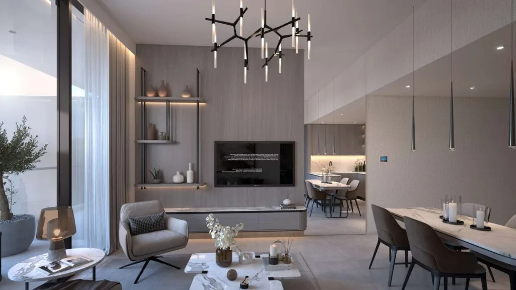 Interior render of a modern living room and kitchen area
