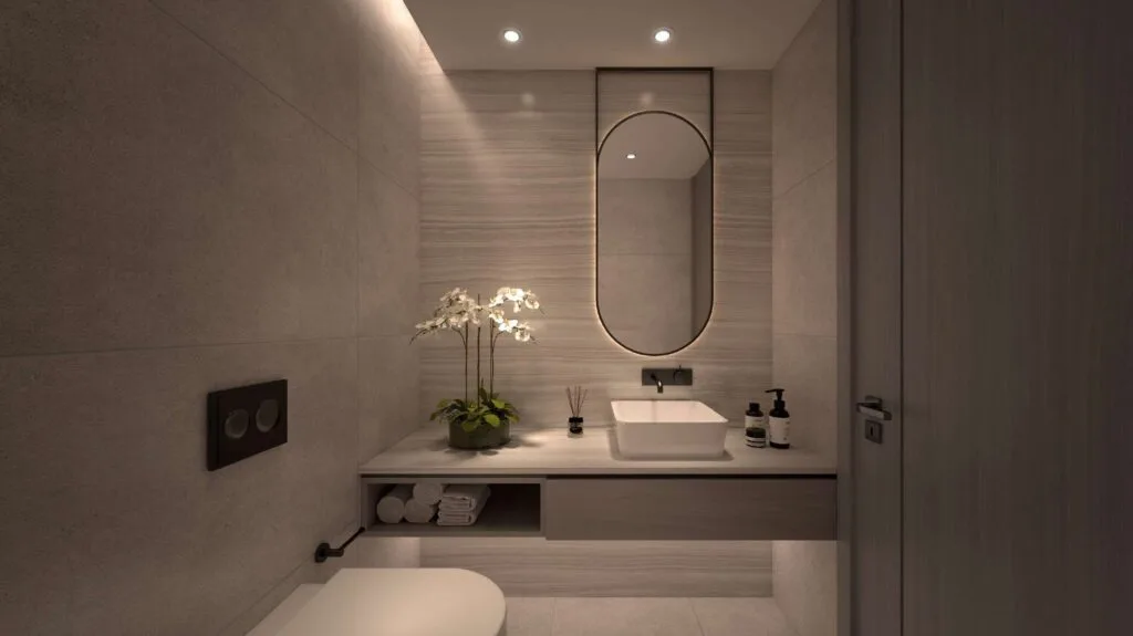two views of a modern bathroom with shower and sink
