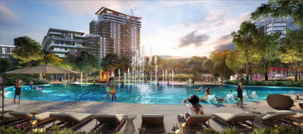 Central Park by Meraas in Al Wasl, Dubai — Pool and fountains surrounded by landscaped buildings