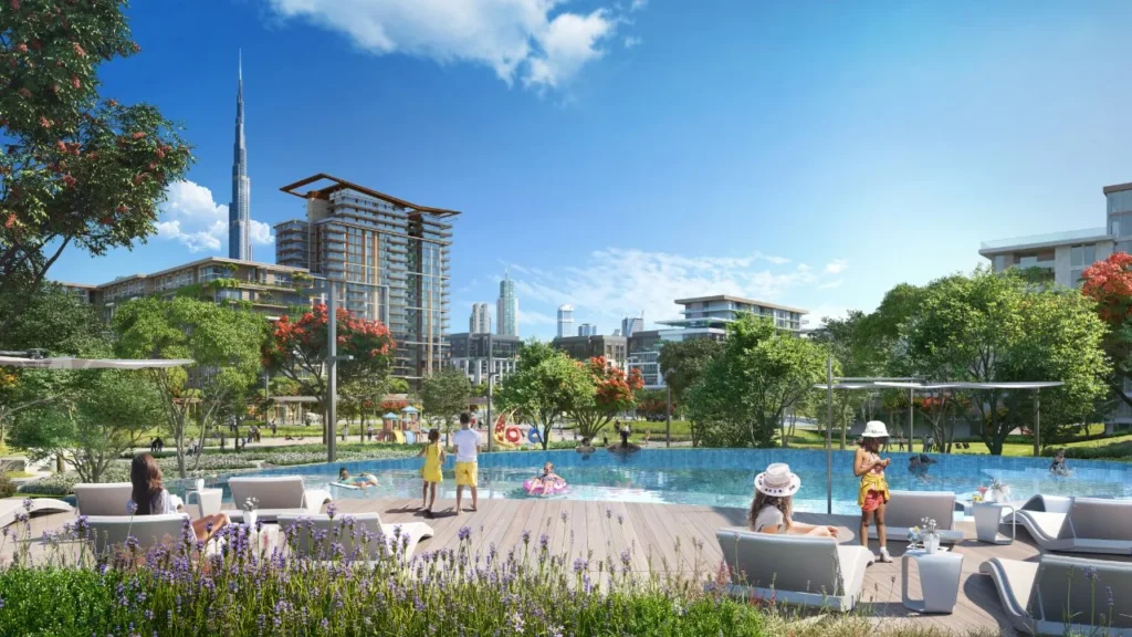 Central Park by Meraas in Al Wasl, Dubai — Landscaped pool terrace with people and surrounding residential buildings