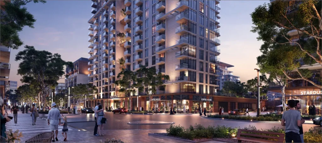Central Park at City Walk by Meraas in City Walk, Dubai — Evening streetscape with modern towers, shops, trees, and pedestrians