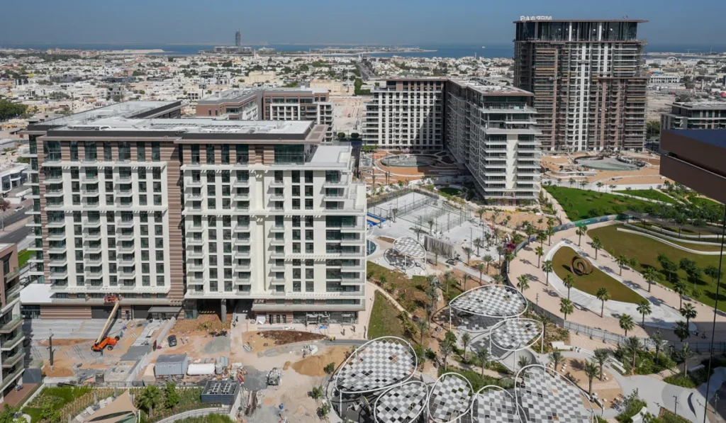 Central Park at City Walk by Meraas in City Walk, Dubai — Aerial view of modern buildings, landscaped plaza, and coastline