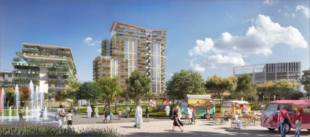 Central Park at City Walk by Meraas in City Walk, Dubai — Landscaped community plaza with towers, fountains, and visitors
