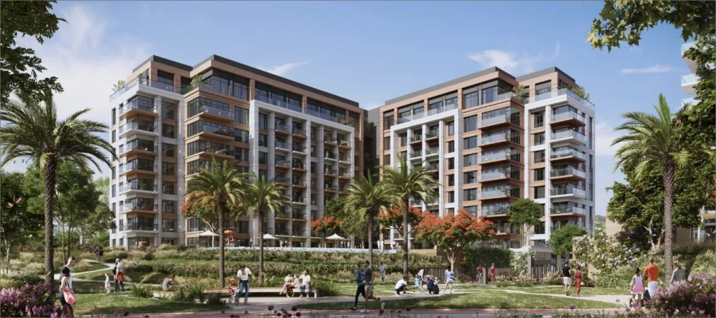 Central Park at City Walk by Meraas in City Walk, Dubai — Modern residential buildings surrounded by landscaped gardens and palm trees