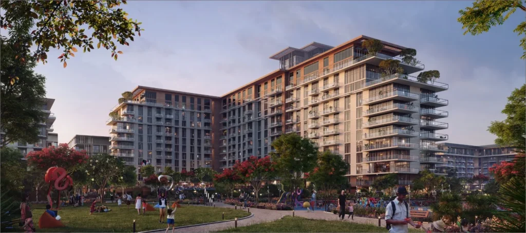 Central Park at City Walk by Meraas in City Walk, Dubai — Residential buildings surrounding landscaped community gardens and pathways