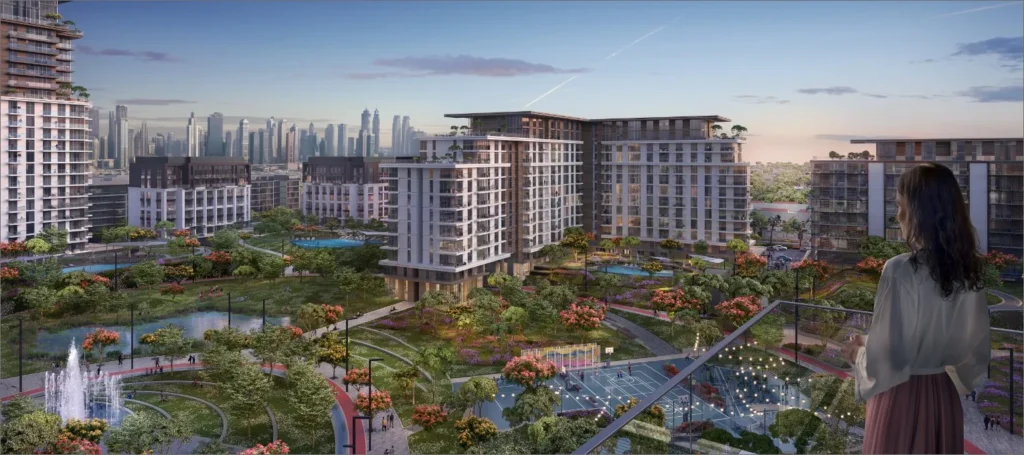 Central Park at City Walk by Meraas in City Walk, Dubai — Residential buildings surrounding landscaped gardens and water features