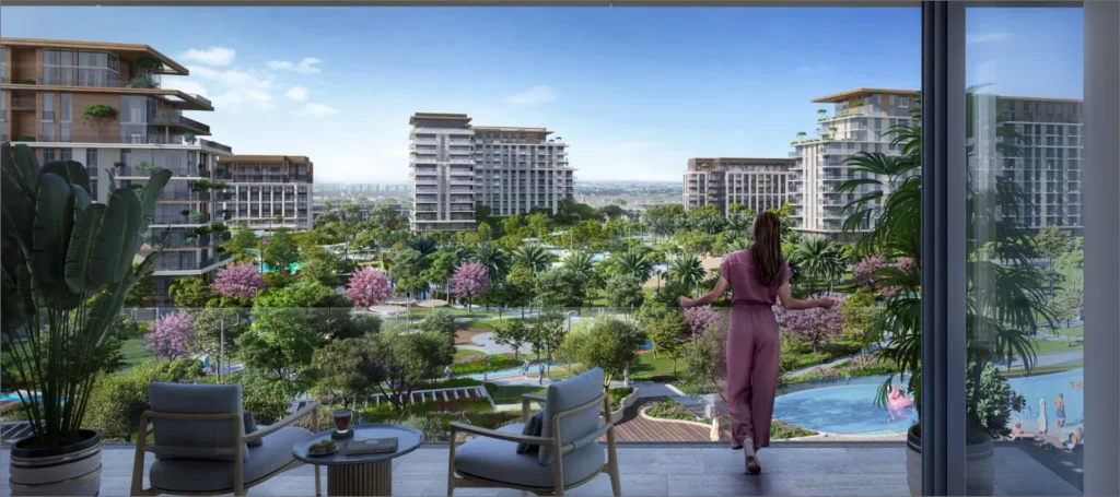 Central Park at City Walk by Meraas in City Walk, Dubai — Balcony view overlooking landscaped gardens, pools, and buildings