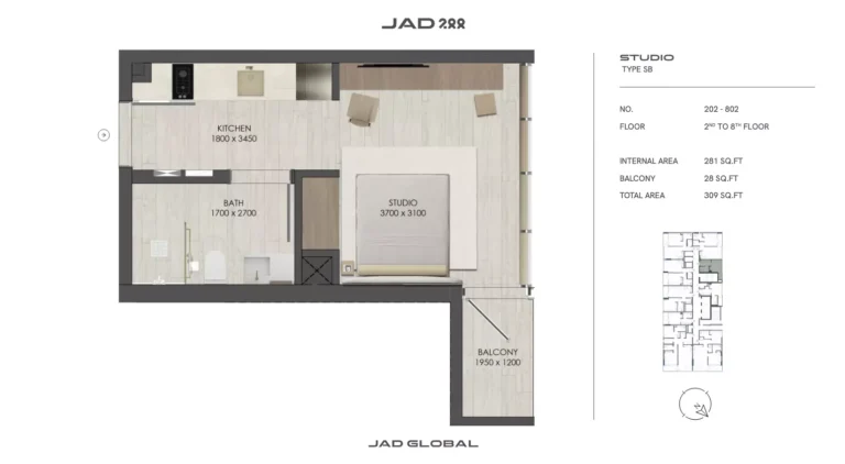 JAD 288 floor plan Studio · 309 sqft