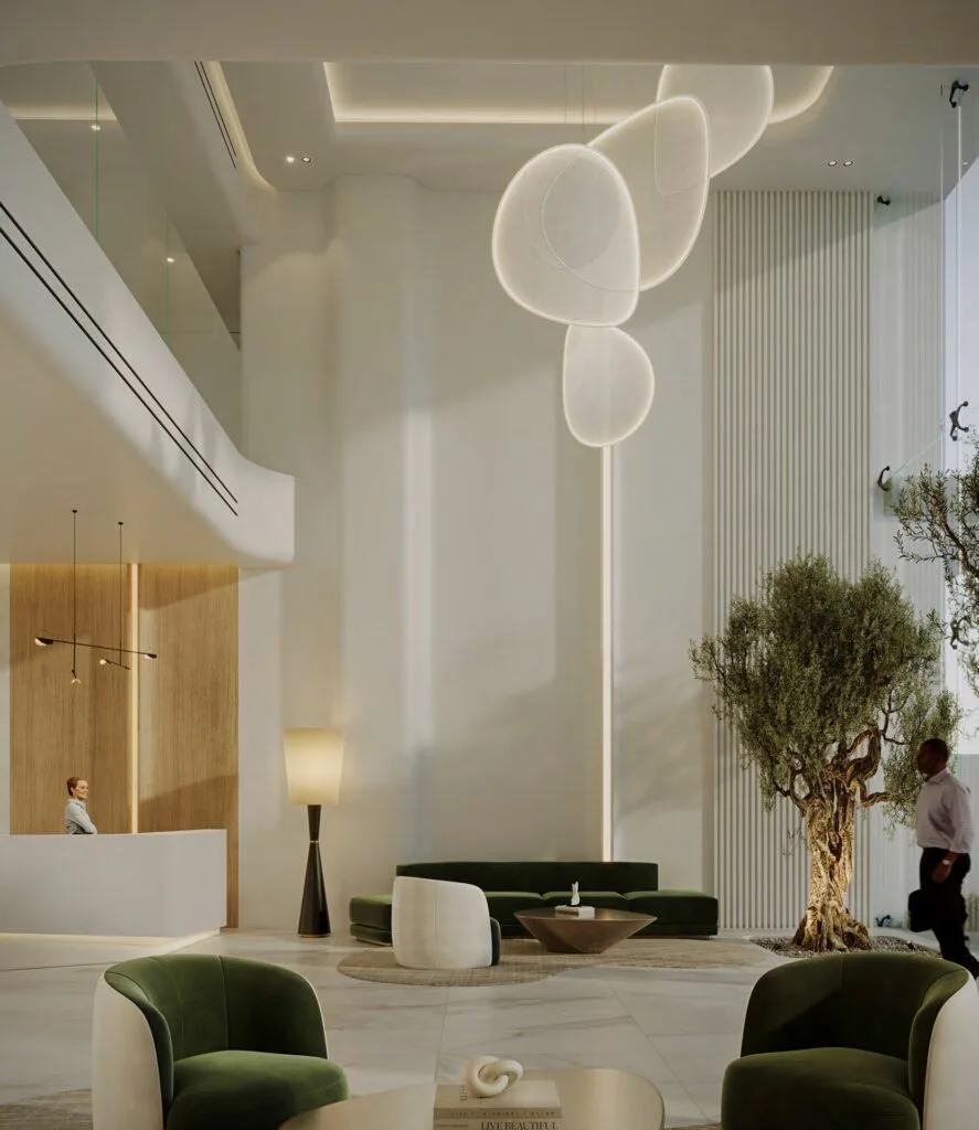 Interior view of a grand lobby with seating and tall ceiling