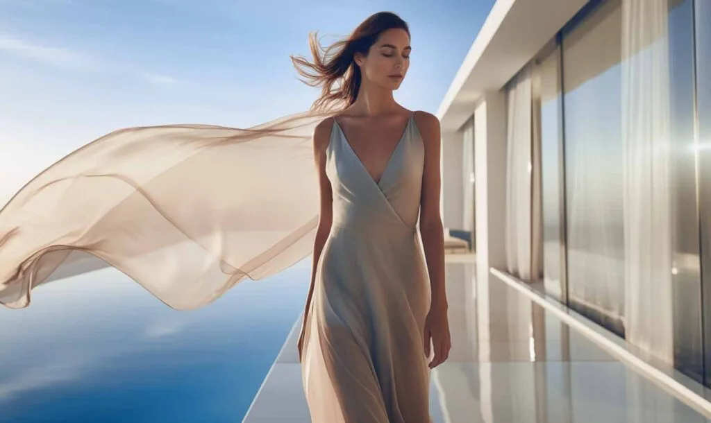 Exterior view of waterfront buildings with infinity pool and woman on balcony