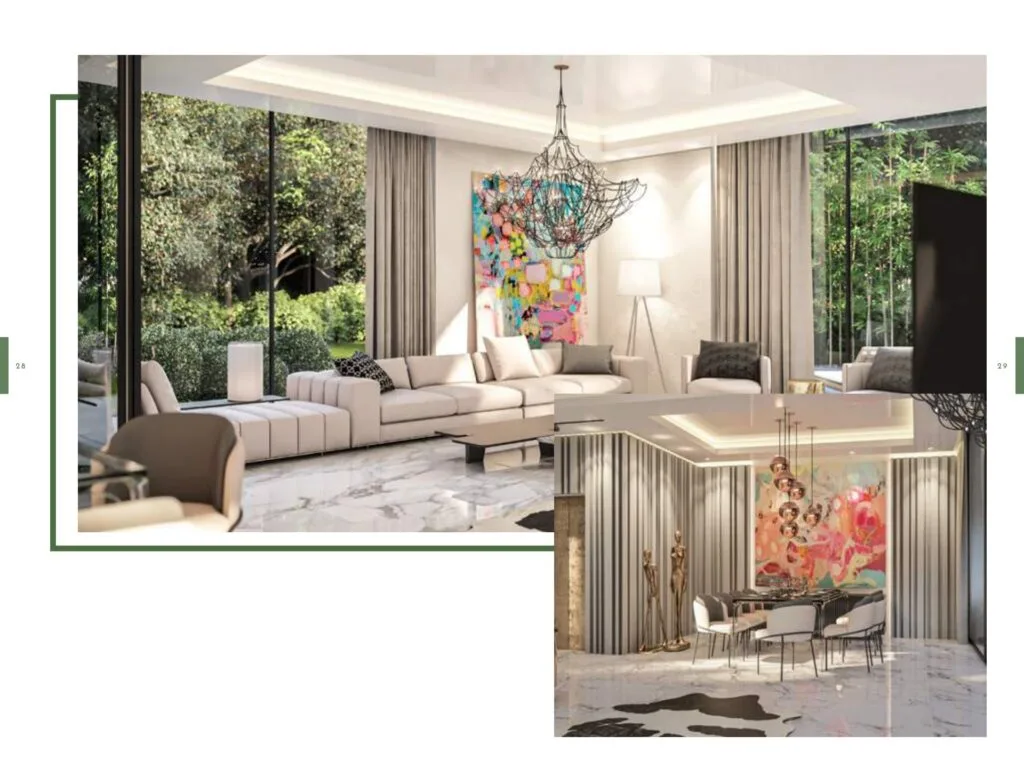 Interior render of living room and dining area with large windows