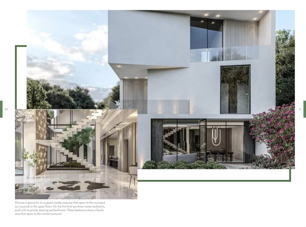 Exterior and interior view of modern white multi-storey building
