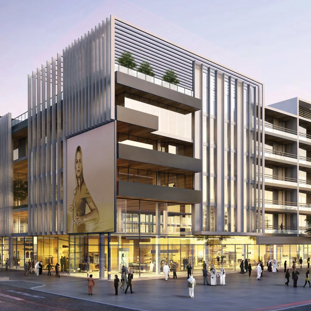 City Walk residential tower facade with vertical fins and busy street-level retail (developer rendering)
