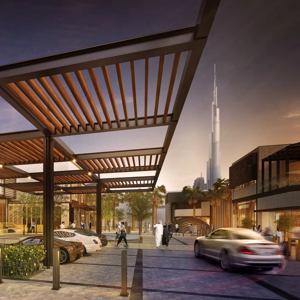 Pergola-covered City Walk street with cars and Burj Khalifa in the distance (developer rendering)