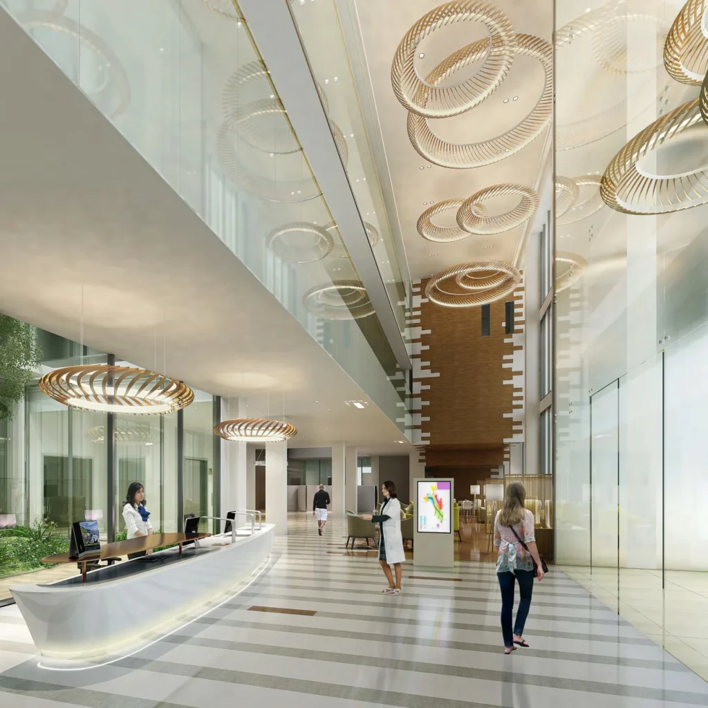 City Walk residential building lobby with reception desk and sculptural ceiling feature (developer rendering)