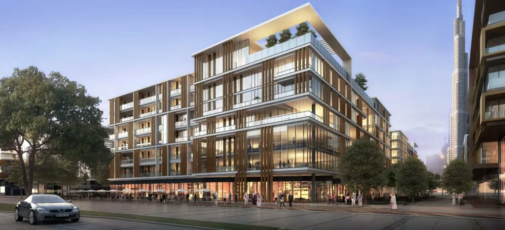 City Walk Residences building with landscaped frontage and Burj Khalifa behind (developer rendering)