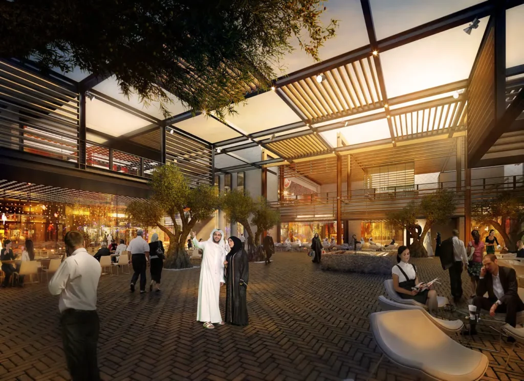 City Walk covered plaza with trees, seating and visitors in the evening (developer rendering)