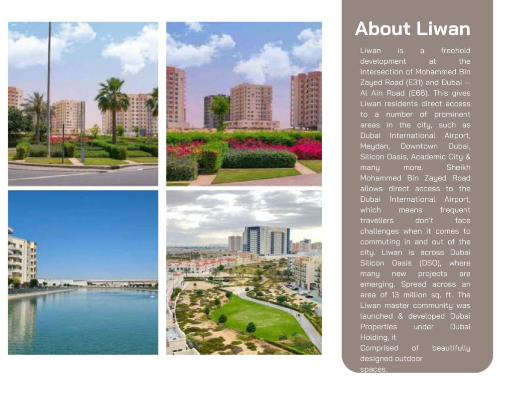 Four images showing residential buildings and landscaped outdoor areas