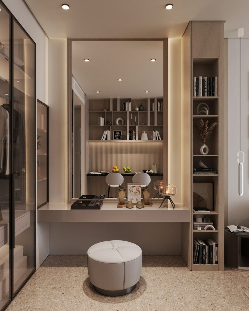 Interior view of a one bedroom apartment dressing area
